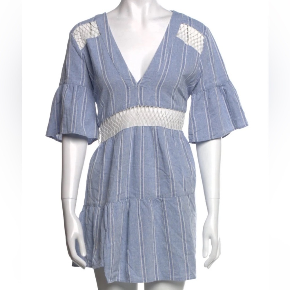 Suboo Sz 4 Blue Tiered Mini Dress White Asymmetrical Net Ruffle V Neck Bohemian